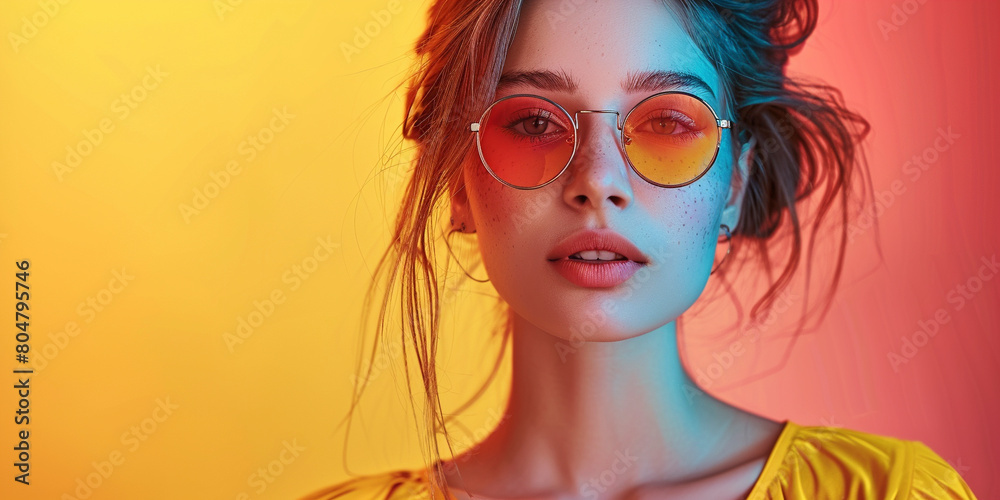 Beautiful young stylish woman, colorful plain background