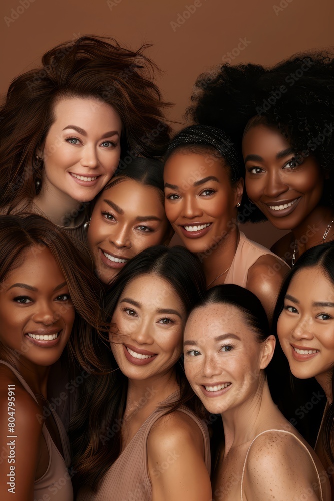 A portrait of a group of young women smiling at camera, from different race and type and skin tones, for self love and mind health and care and friendship and social impression. A portrait of a group of young women smiling at camera, from different race and type and skin tones, for self love and mind health and care and friendship and social impression.