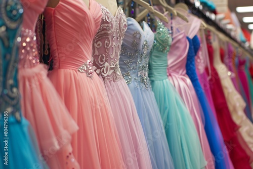 Wallpaper Mural clothes and robes and dresses hanger in shop Elegant long formal dresses for sale in luxury modern shop boutique. Prom gown, wedding, evening, bridesmaid dresses dress details. Dress rental Torontodigital.ca