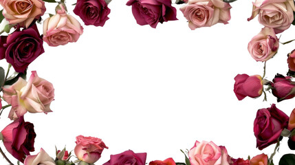 Floral frame made of beautiful roses on white background, png transparent 