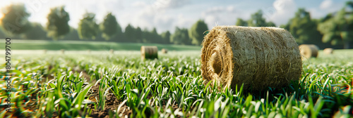 Harvest Time in the Countryside, Golden Hay Bales Under a Blue Sky in Rural England photo