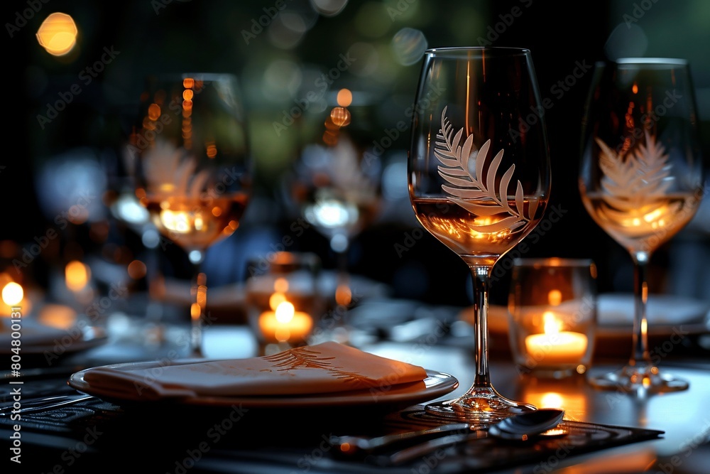 Elegant table setting featuring glasses adorned with white leaf patterns, complemented by soft candlelight. Elegant table setting featuring glasses adorned with white leaf patterns, complemented by soft candlelight.