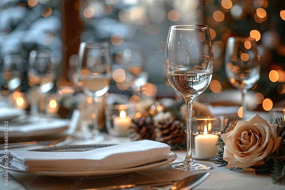 Elegant holiday dining table setup with wine glasses, candles, and festive decorations. Elegant holiday dining table setup with wine glasses, candles, and festive decorations.