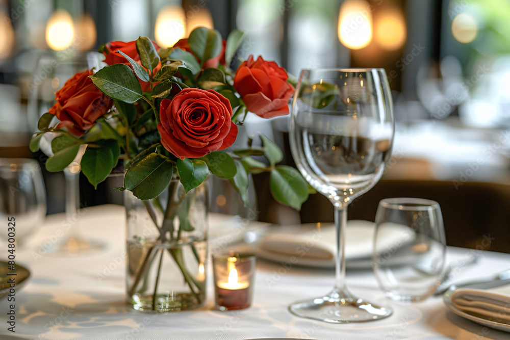 Elegant dining setting with red roses in a vase, wine glasses, and soft candlelight.
