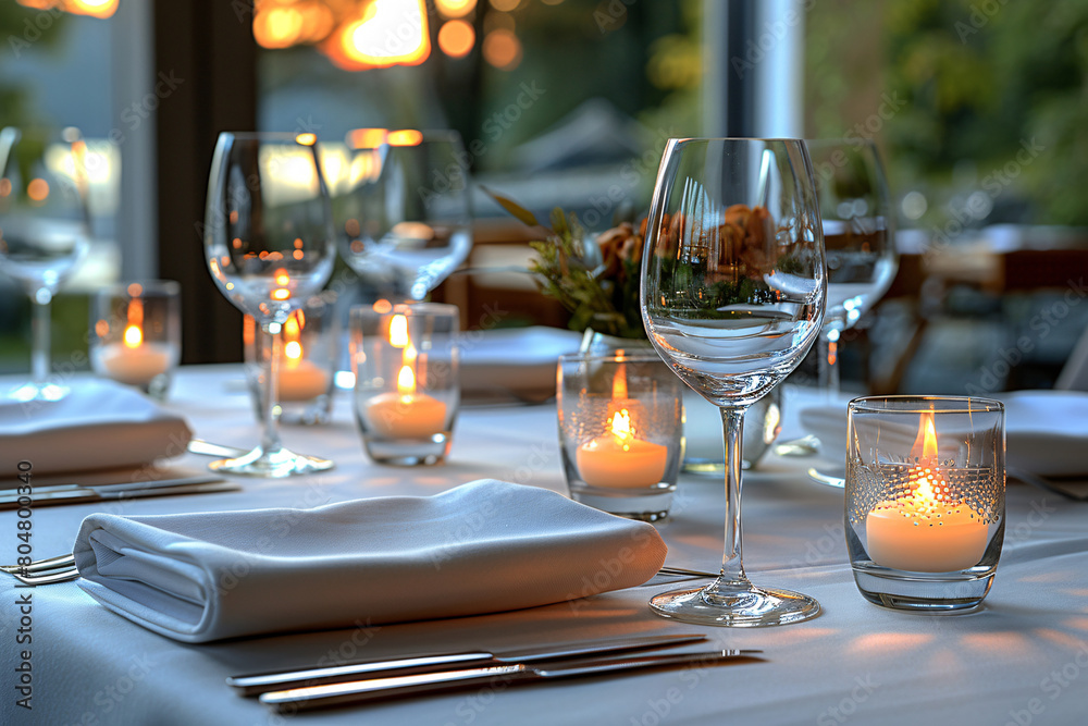 Elegant dining setup with crystal glasses, lit candles, and folded napkins on tables.
