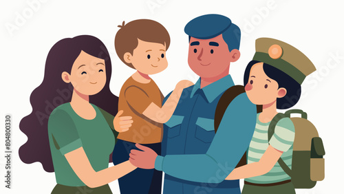 A tender moment between a soldier and his family before he departs to join the fight for freedom.. Vector illustration