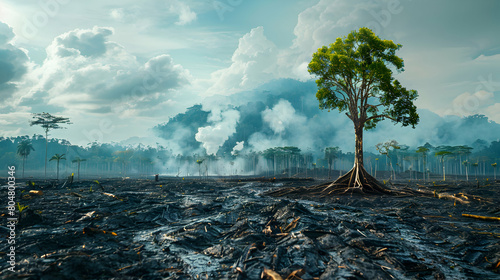 Photo real as Deforestation Dangers concept: Raise awareness about the impacts of deforestation on global warming, showcasing depleted forests, loss of biodiversity, and increased carbon emissions int photo
