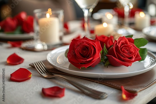 A romantic dinner setting with red roses, candles, and rose petals on a table.