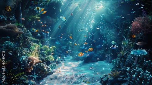 The underwater world is full of exotic fish  beautiful coral reefs are illuminated by the rays of the sun