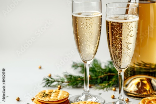 Product photography of prosecco glasses and smoked salmon blinis with fresh dill on white background