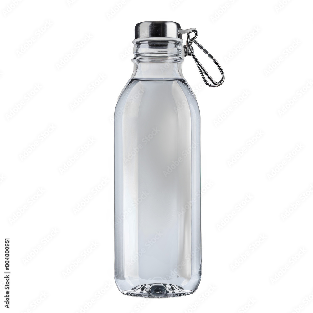 A clear bottle with a silver cap and a silver handle A clear bottle with a silver cap and a silver handle