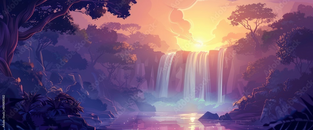 A dramatic waterfall in the rainforest at sunrise, misty atmosphere, cascading water, DSLR camera with a standard lens, dawn light, awe-inspiring scene., cartoon style A dramatic waterfall in the rainforest at sunrise, misty atmosphere, cascading water, DSLR camera with a standard lens, dawn light, awe-inspiring scene., cartoon style