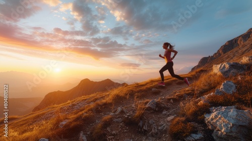 A solitary runner takes on a mountain trail at sunset  embodying the spirit of endurance and the pursuit of personal fitness goals. AIG41