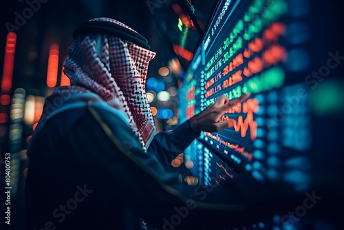 A Saudi Arabian Gulf businessman pointing his hand at the stock exchange screen.