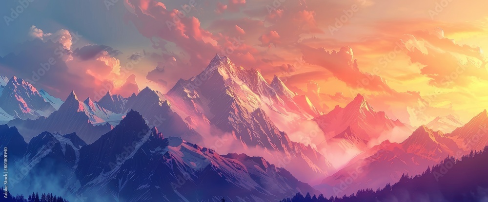 A majestic mountain range at dawn, misty peaks, warm colors, Background Banner HD