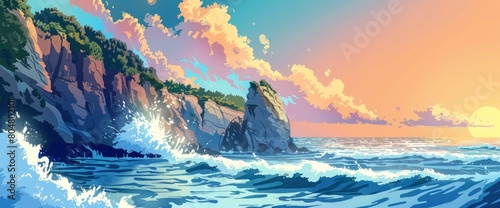 A picturesque coastal cliff at sunset, crashing waves, vibrant colors, Background Banner HD photo