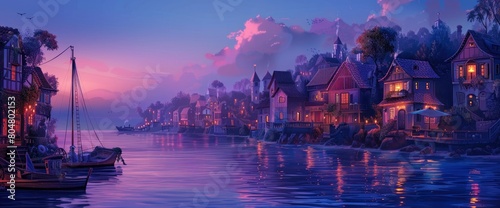A picturesque coastal village at twilight, illuminated buildings, calm waters, Background Banner HD
