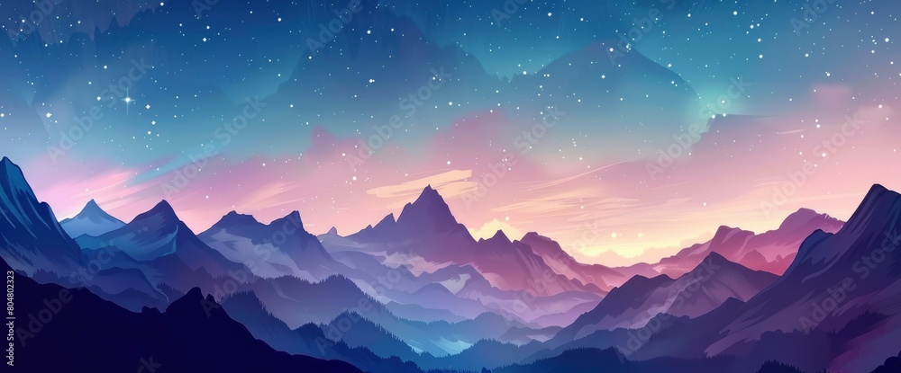 A picturesque mountain pass at dusk, starry sky, misty peaks, Background Banner HD A picturesque mountain pass at dusk, starry sky, misty peaks, Background Banner HD