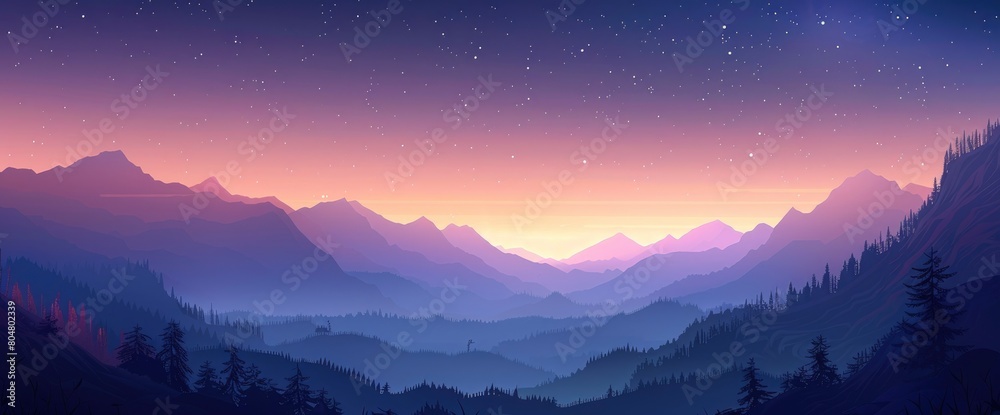 A picturesque mountain pass at dusk, starry sky, misty peaks, Background Banner HD A picturesque mountain pass at dusk, starry sky, misty peaks, Background Banner HD