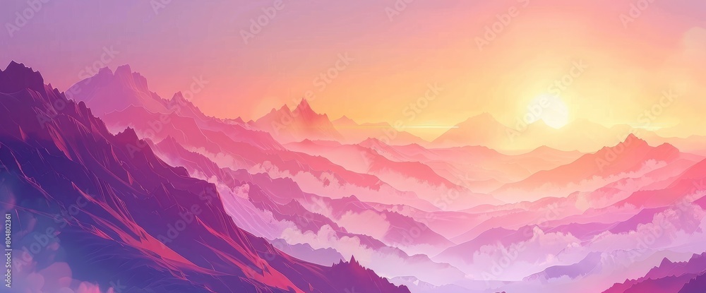 A picturesque mountain pass at sunrise, misty peaks, warm colors, Background Banner HD