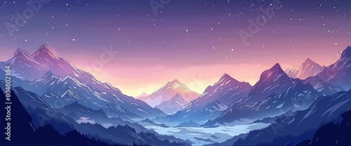 A picturesque mountain pass at twilight, starry sky, misty peaks, Background Banner HD