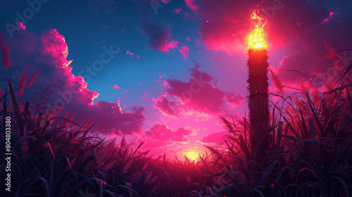 Vector Illustration of Burning Tiki Torch in Sugarcane Field with Colorful Sky