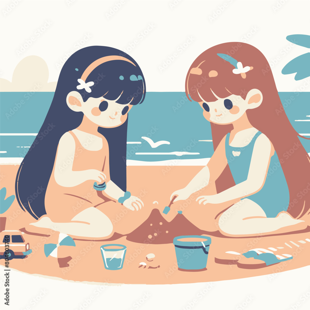 Girls Playing Sand on the Beach Girls Playing Sand on the Beach