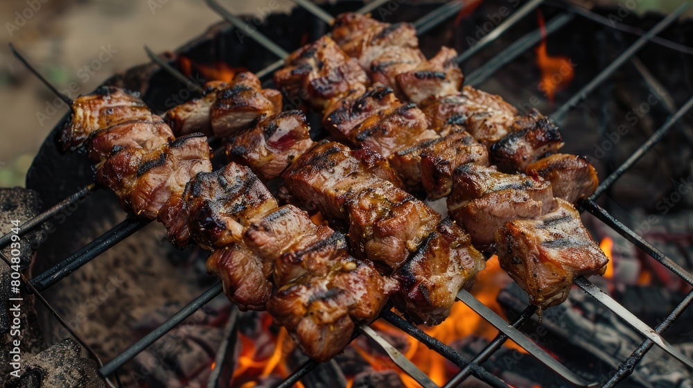 Grilled skewers of succulent pork on the barbecue