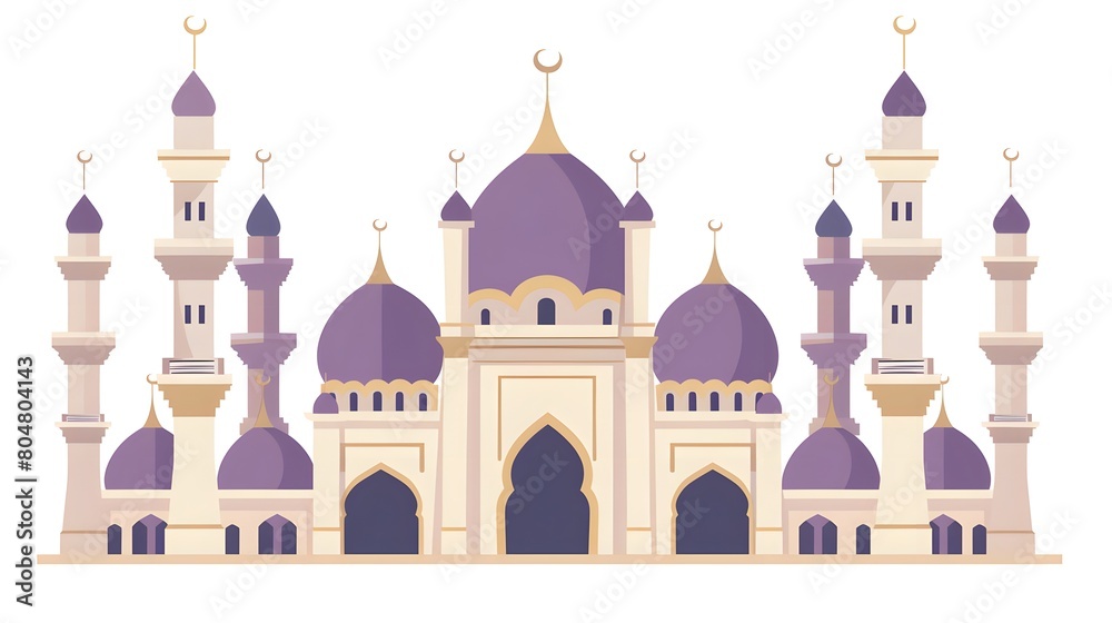 A grand mosque illustrated with elegant purple domes