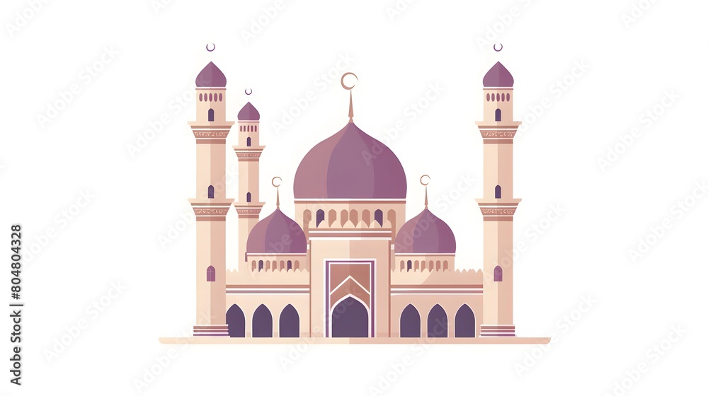 Flat design of a tranquil purple mosque with elegant minarets