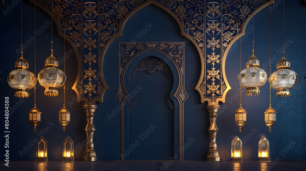 Islamic background - Elegant arabesque interior with ornate lanterns
