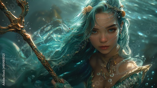 Mermaid Warrior with a Trident of Coral A girl with oceanblue hair and scales that shimmer like armor She wields a trident adorned with coral and seashells