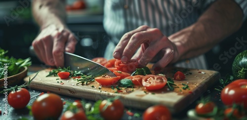 Close up of hands using a knife to cut tomatoes and vegetables for cooking in a restaurant kitchen