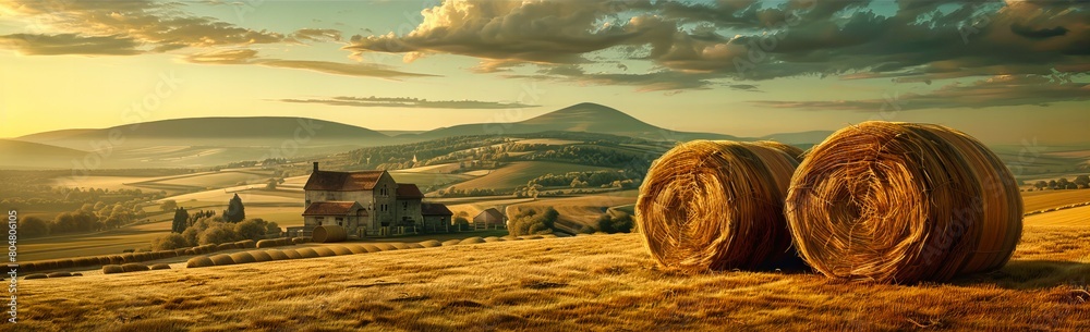 Italian Countryside at Sunset, Golden Hay Bales in a Scenic Rolling Landscape Italian Countryside at Sunset, Golden Hay Bales in a Scenic Rolling Landscape