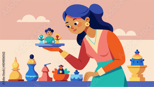 A woman carefully inspected a collection of miniature figurines thrilled to have found additions for her porcelain collection.. Vector illustration