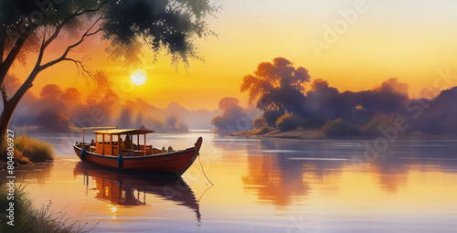boat at sunset generative Ai