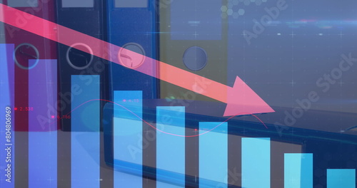 Obraz na płótnie Image of financial data processing with statistics and red arrow descending over