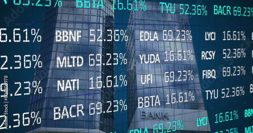 Image of financial data processing over modern bank building