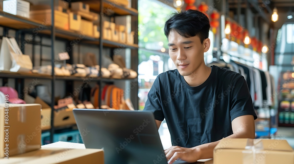 Asian man using laptop with cardboard boxes around Asian man using laptop with cardboard boxes around