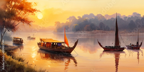 sunset over the river generative Ai