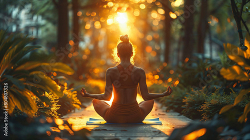 A woman practices meditation outdoors at sunset  sitting cross-legged on a yoga mat. The golden light illuminates the surrounding greenery  creating a peaceful and serene atmosphere