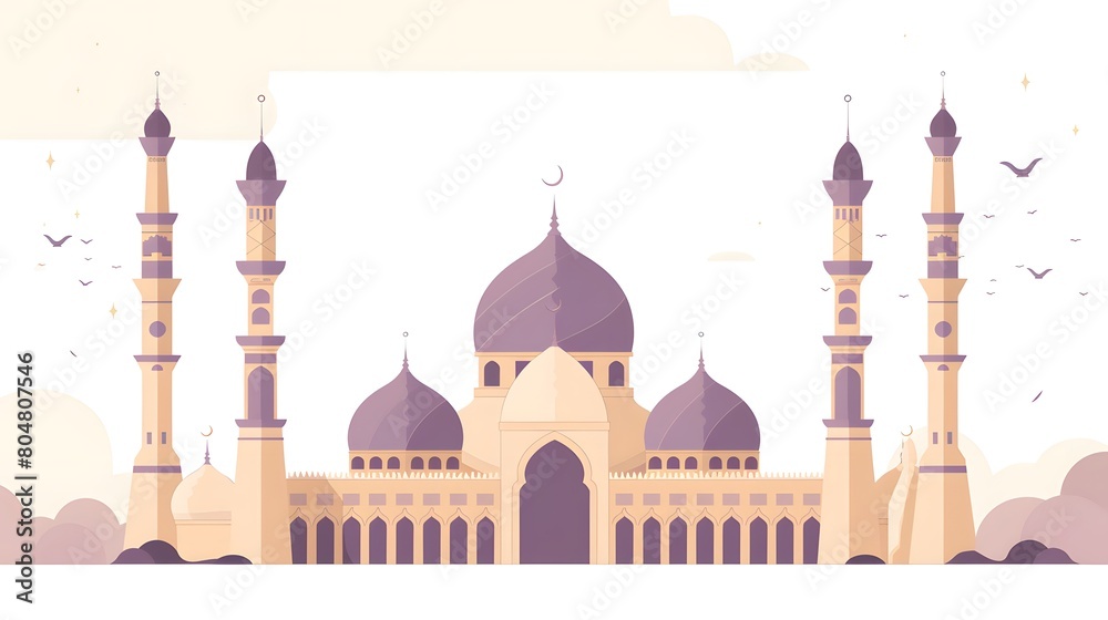 Serene mosque illustration basked in soft hues of twilight