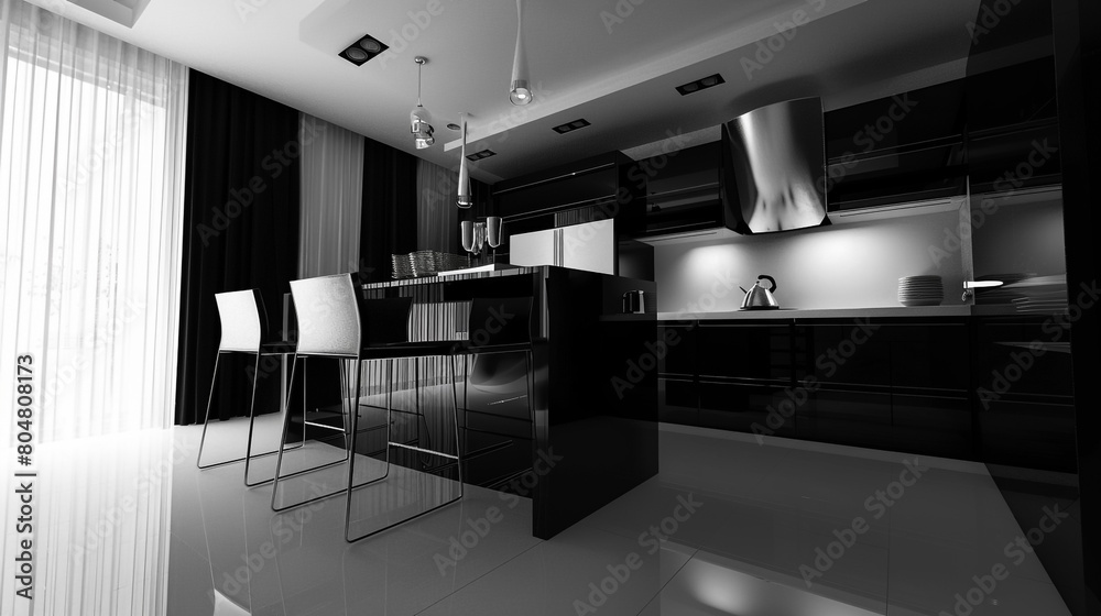 Modern kitchen interior design in black and white style 