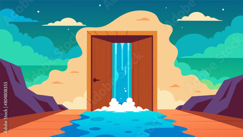 A small wooden door hidden behind a waterfall opening to a level room with floortoceiling windows overlooking a psychedelic beach..