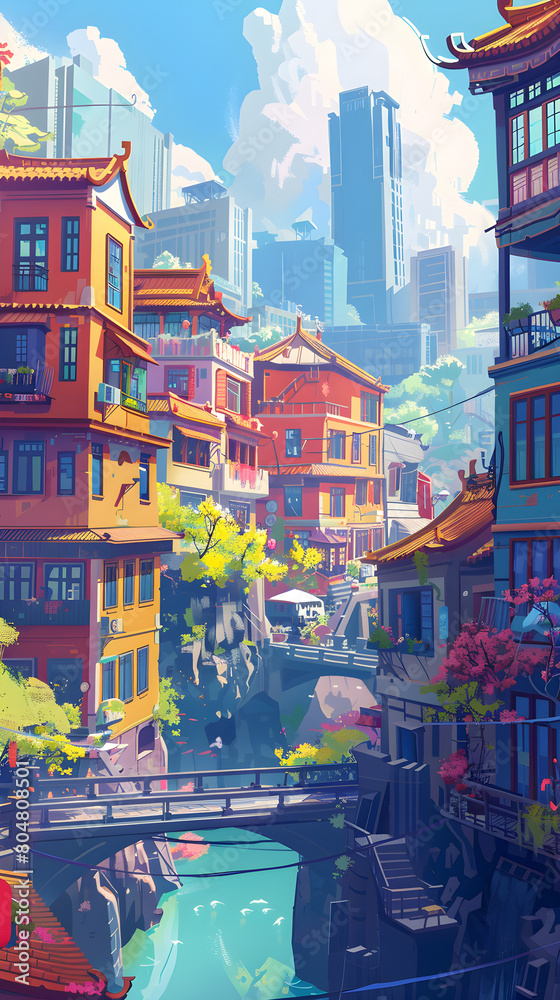 A cartoon-style cityscape with modern buildings, lush greenery and trees A cartoon-style cityscape with modern buildings, lush greenery and trees