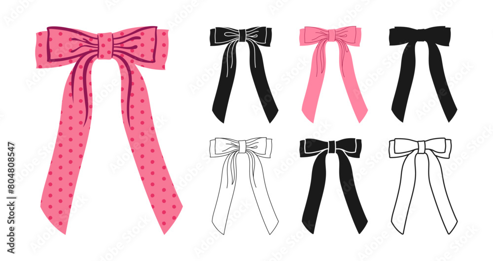 Ribbon bows dotted symbol set. Trendy holiday tape sign for celebrations silhouette, icon linear design. Cute cartoon bow knot gift ribbon party accessory. Glamour hand drawn vector illustration Ribbon bows dotted symbol set. Trendy holiday tape sign for celebrations silhouette, icon linear design. Cute cartoon bow knot gift ribbon party accessory. Glamour hand drawn vector illustration
