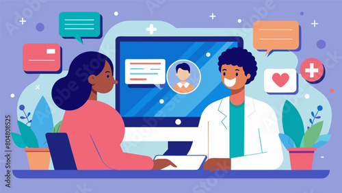 In a virtual telemedicine appointment a doctor talks to a patient through a screen discussing the potential financial costs and insurance coverage.