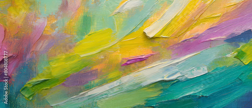 Close-up abstract art with multicolor rough paint in soft pastel colors and oil brush stroke texture. Mixing cheerful and colorful spring summer tones painting with a palette knife on canvas.