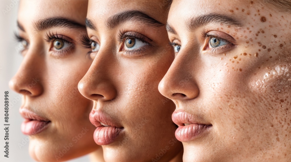 Close up of three beautiful young women with perfect skin looking at camera Close up of three beautiful young women with perfect skin looking at camera