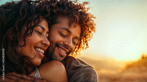 Close up portrait of a happy young couple embracing each other at sunset